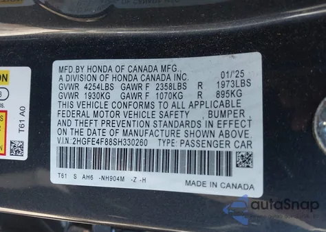 2025 Honda Civic Hybrid Sport/Sport Touring z USA, uszkodzony, nr VIN 2HGFE4F88SH330260